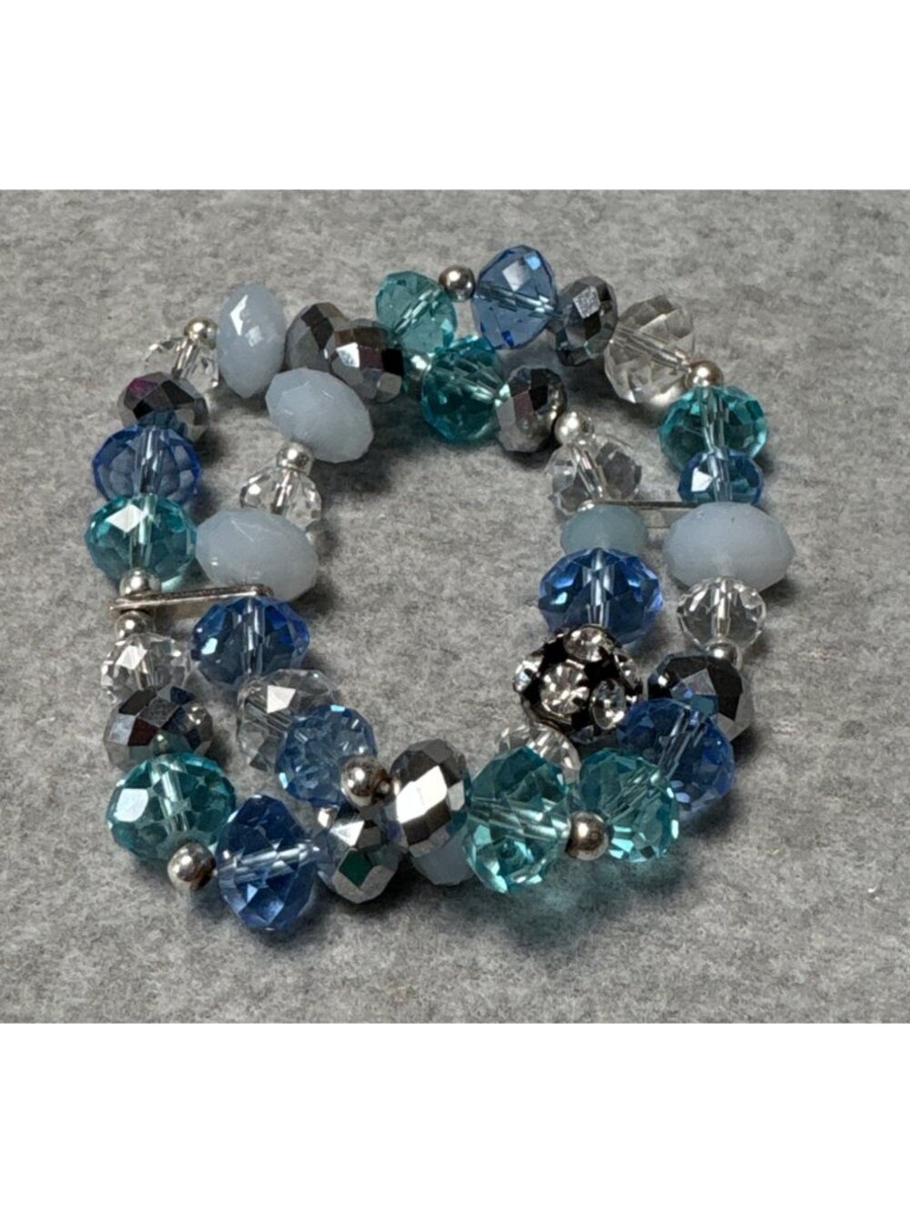 Blue Double Strand Beaded Bracelet Swarovski Crystals & Silver Accents
